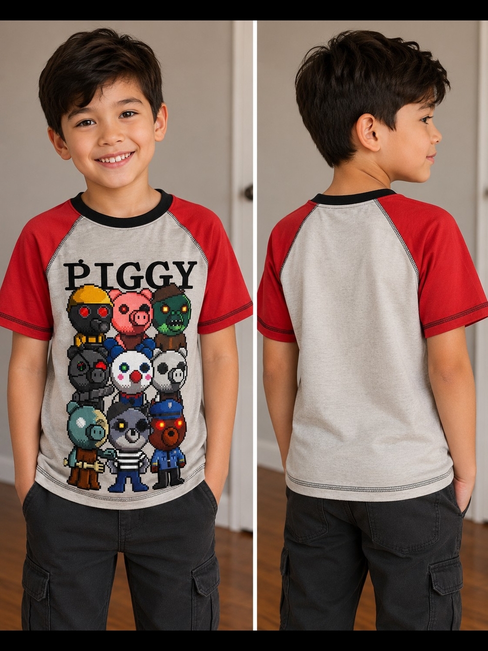 Kids Piggy Graphic Raglan Tee - Red/Gray
